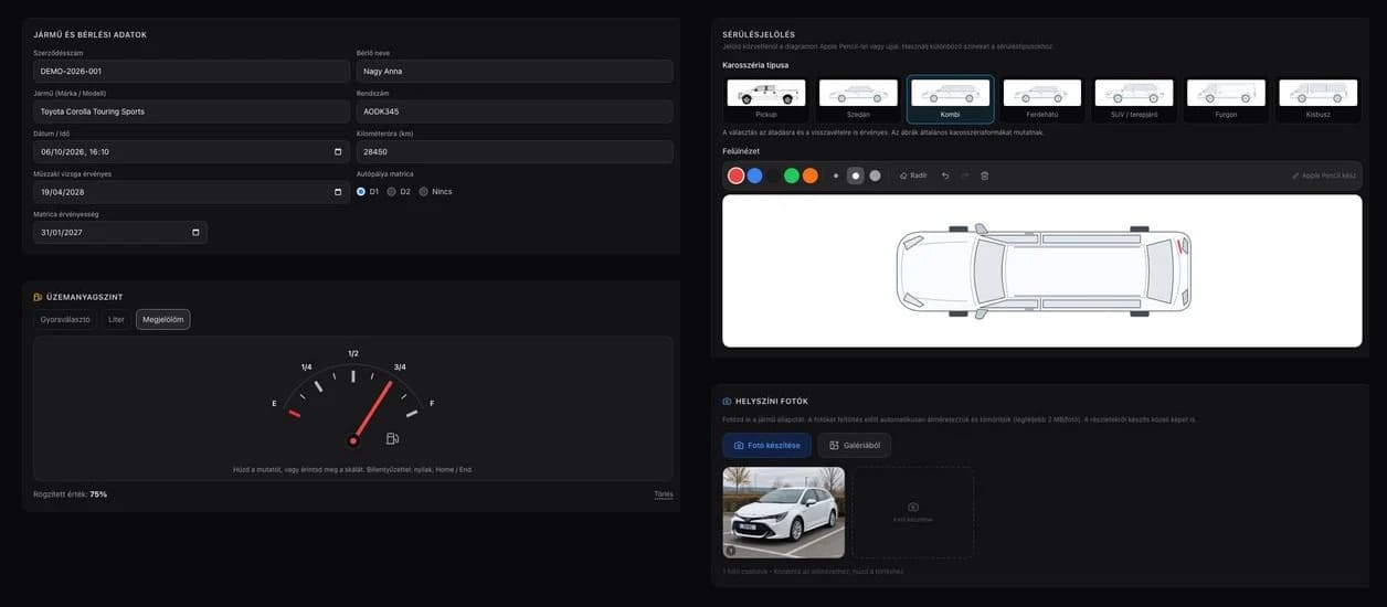 Digitális járműátvizsgálás: kilométeróra, üzemanyagmérő, sérülésjelölés és fotómelléklet